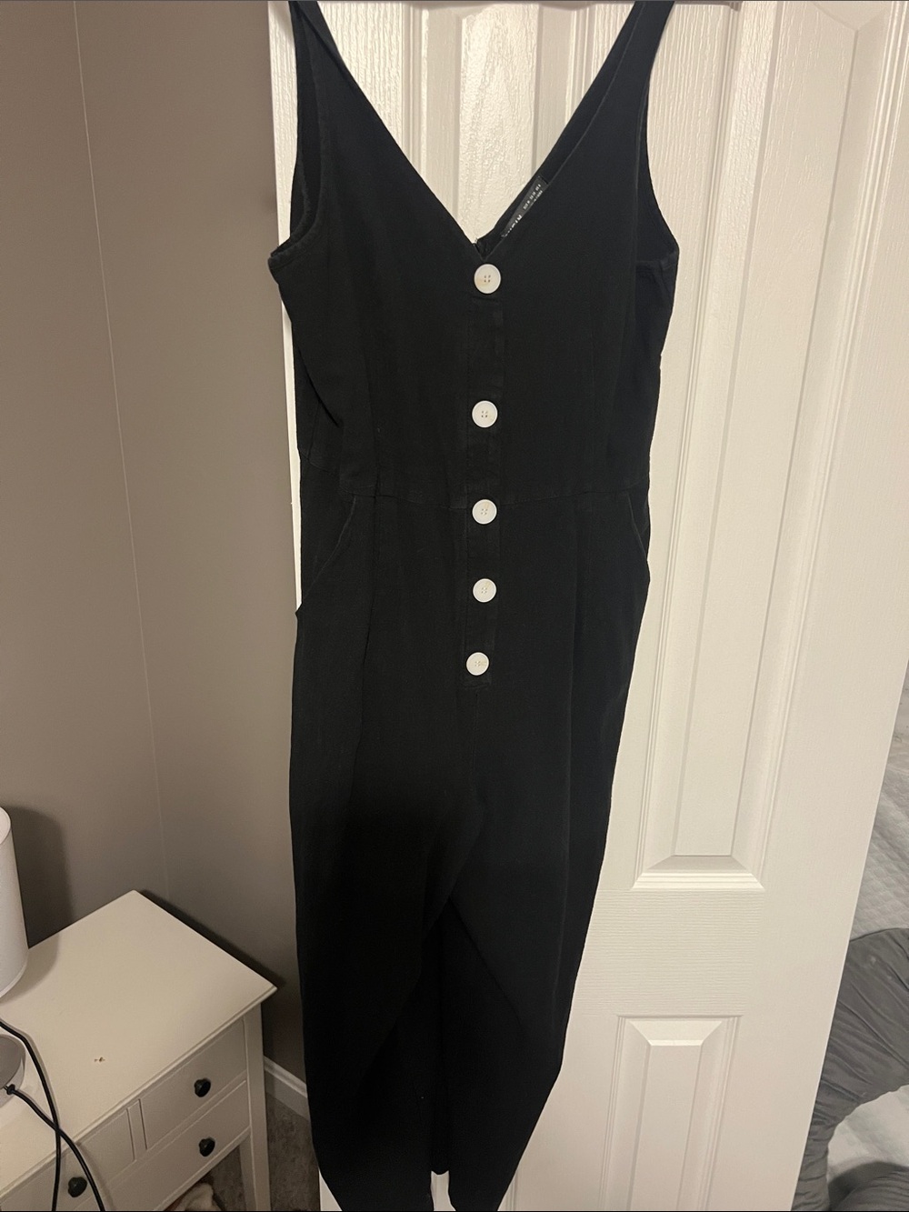 Black SHEIN Sleeveless One-Piece Jumpsuit with Button Front, Back Zip